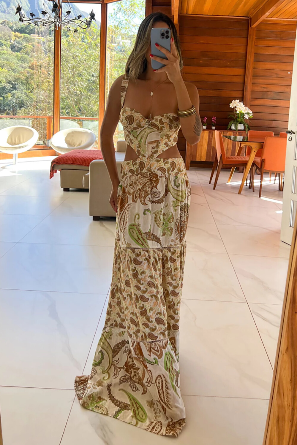 Paisley Print Waist Cutout Vacation Slip Maxi Dresses-Yellow [Pre Order]