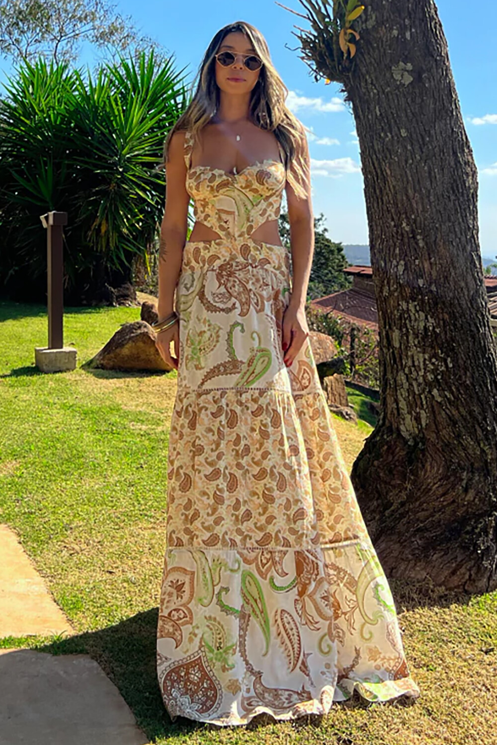 Paisley Print Waist Cutout Vacation Slip Maxi Dresses-Yellow [Pre Order]