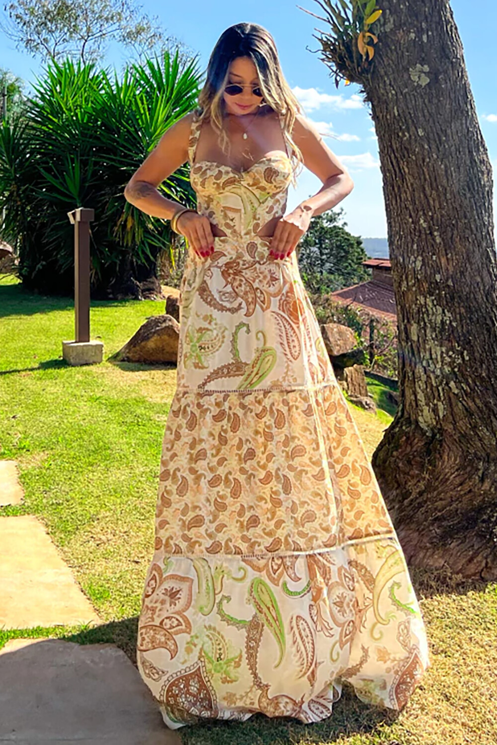 Paisley Print Waist Cutout Vacation Slip Maxi Dresses-Yellow [Pre Order]
