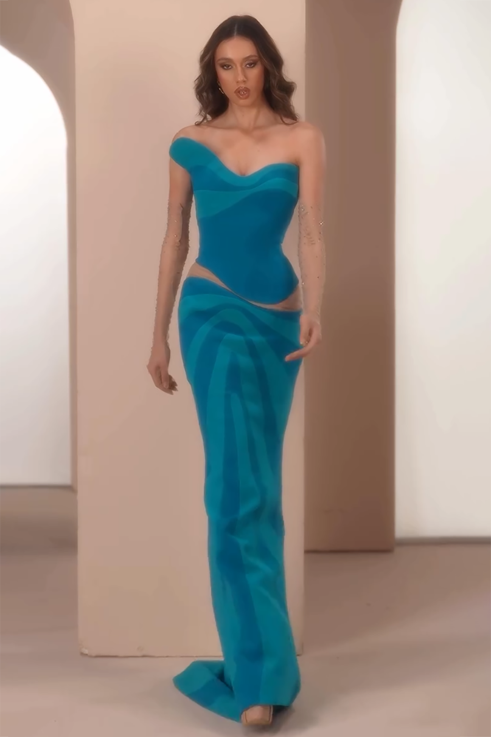 Irregular Neck Strapless Striped Mermaid Gowns Maxi Dresses-Blue [Pre Order]