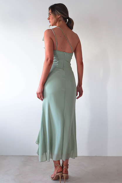 Sleeveless One Shoulder Ruffled Ruched Slim Fit Slit Midi Dresses-Green