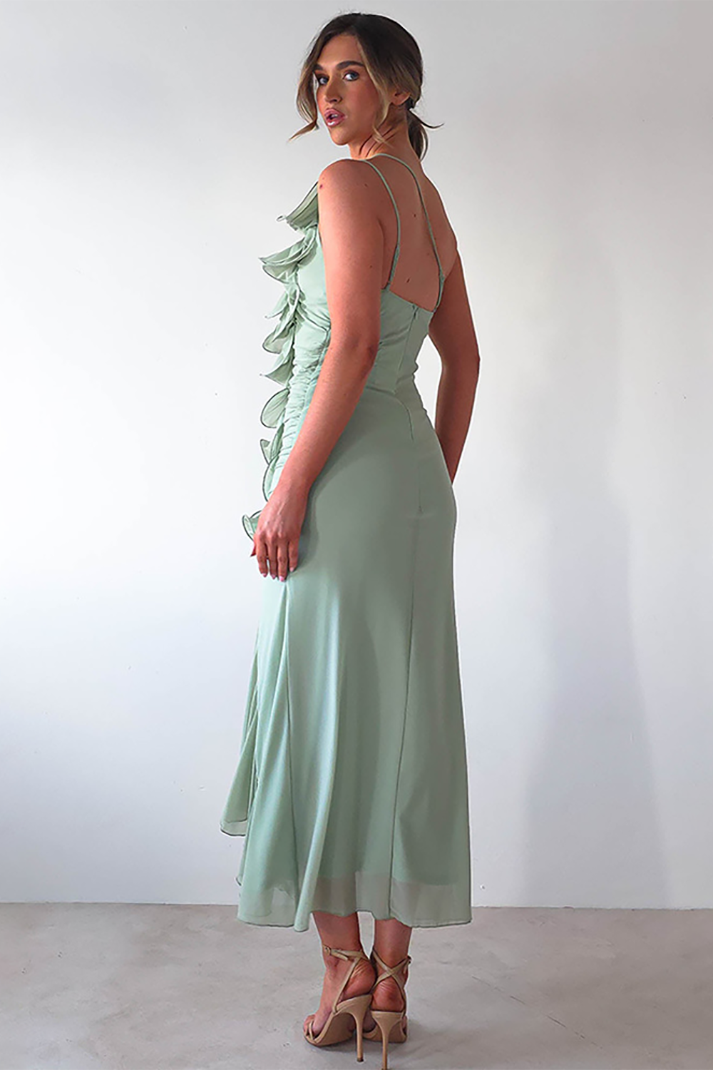 Sleeveless One Shoulder Ruffled Ruched Slim Fit Slit Midi Dresses-Green