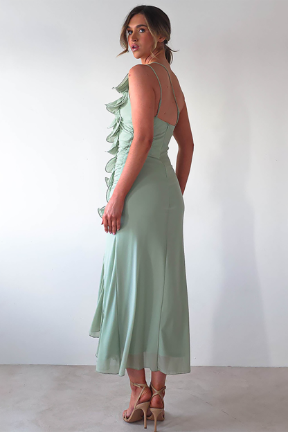 Sleeveless One Shoulder Ruffled Ruched Slim Fit Slit Midi Dresses-Green