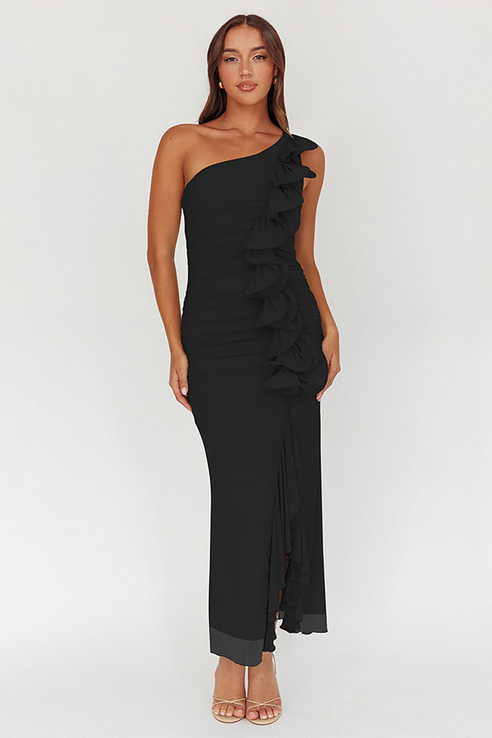 Sleeveless One Shoulder Ruffled Ruched Slim Fit Slit Midi Dresses-Green
