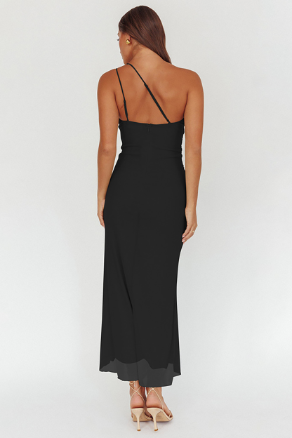 Sleeveless One Shoulder Ruffled Ruched Slim Fit Slit Midi Dresses-Green