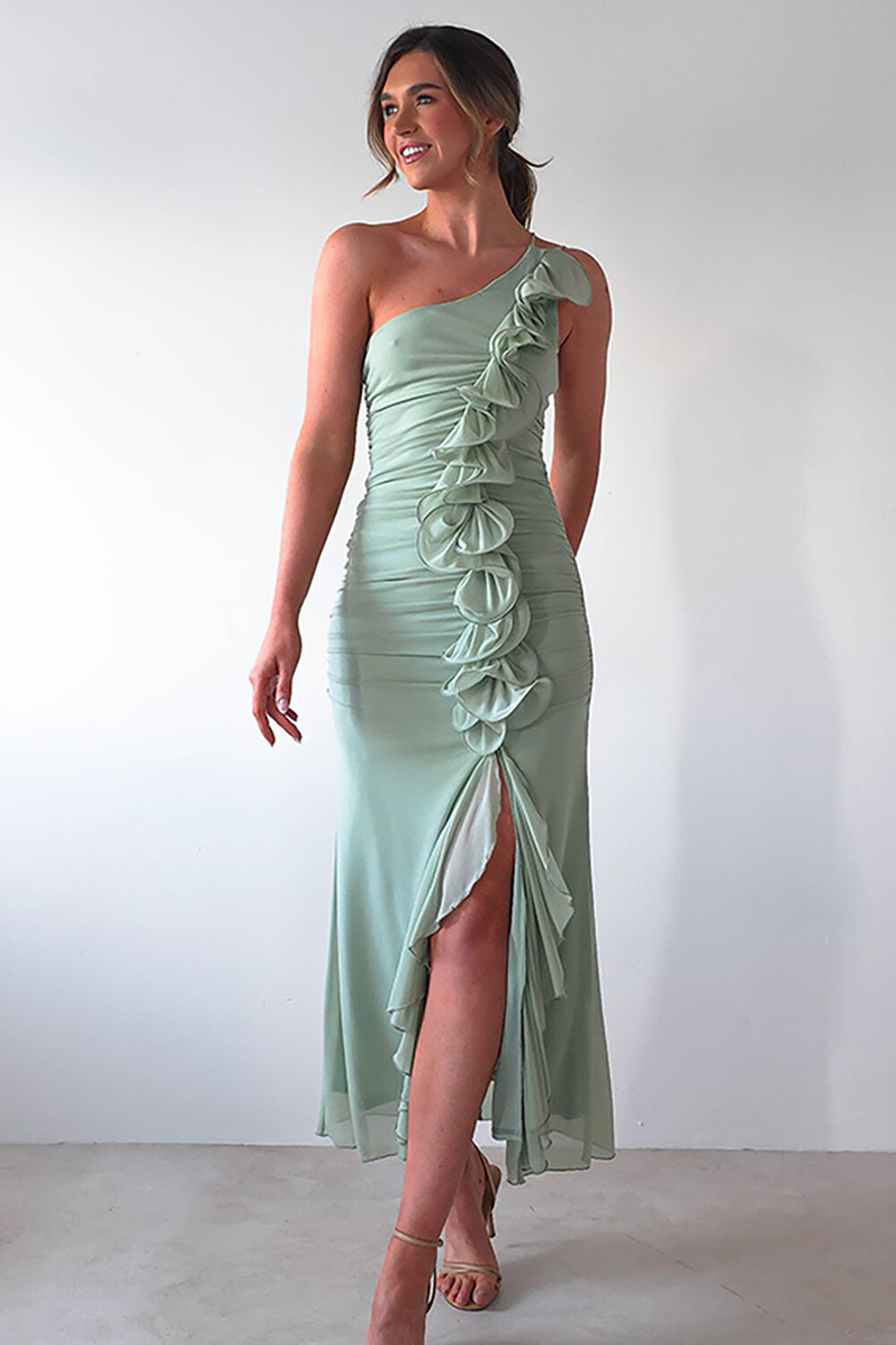 Sleeveless One Shoulder Ruffled Ruched Slim Fit Slit Midi Dresses-Green