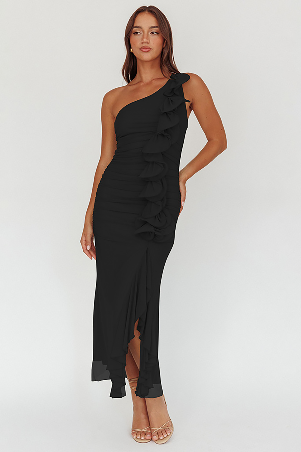 Sleeveless One Shoulder Ruffled Ruched Slim Fit Slit Midi Dresses-Green