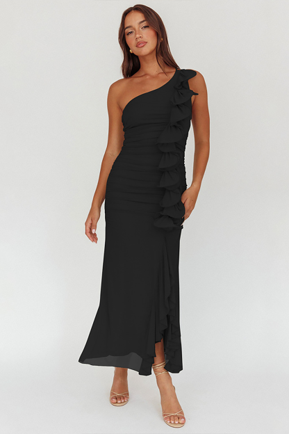 Sleeveless One Shoulder Ruffled Ruched Slim Fit Slit Midi Dresses-Green