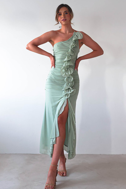 Sleeveless One Shoulder Ruffled Ruched Slim Fit Slit Midi Dresses-Green