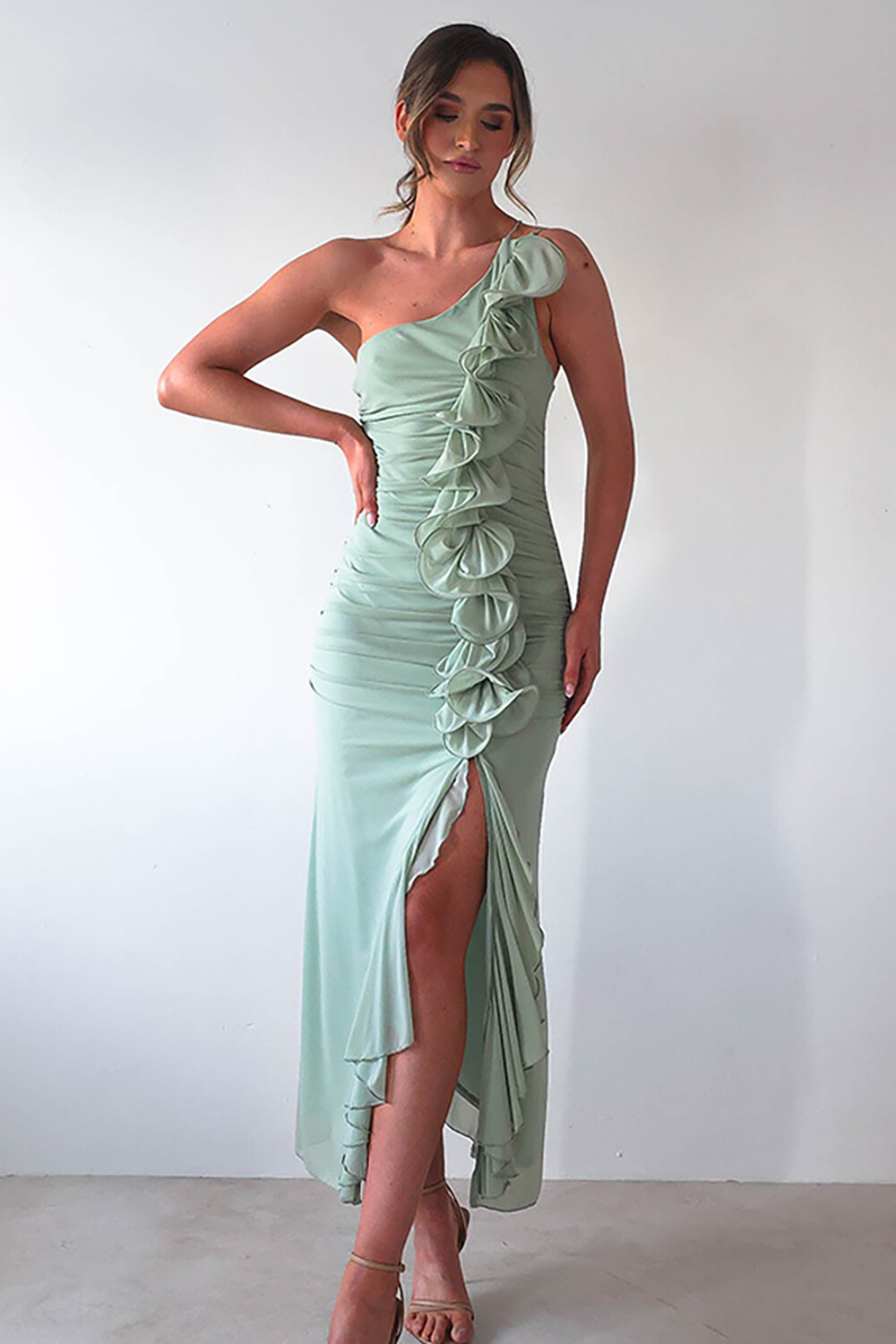 Sleeveless One Shoulder Ruffled Ruched Slim Fit Slit Midi Dresses-Green