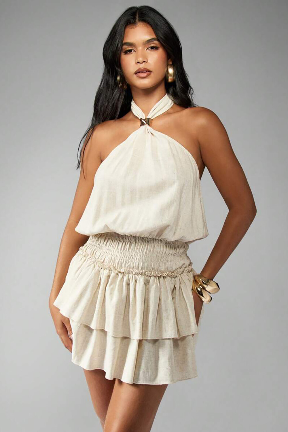 Halter Neck Sleeveless Cinch Waist Layered Hem Mini Dresses-Beige