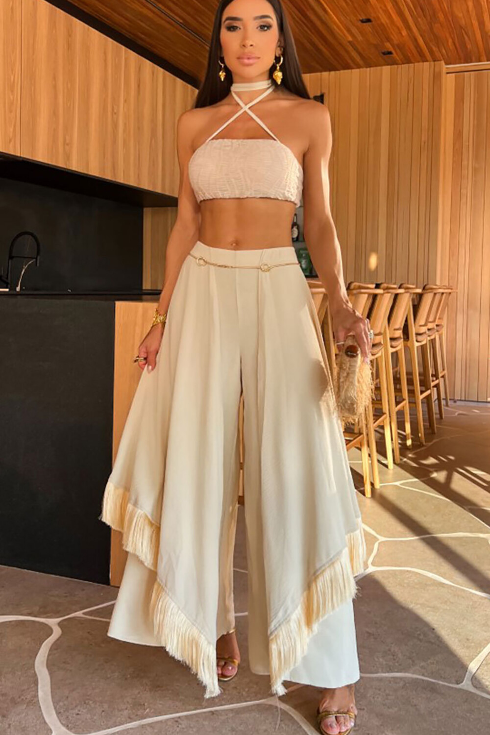 Cross Halter Crop Top Fringed Overlay Wide Leg Pants 2pcs Set-Beige