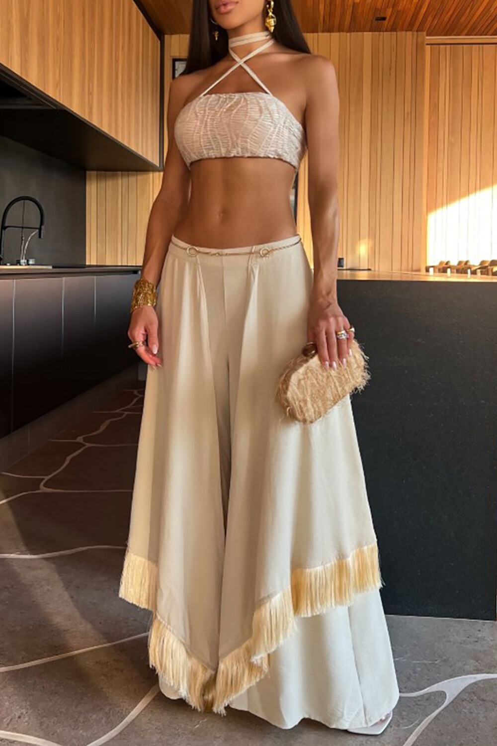 Cross Halter Crop Top Fringed Overlay Wide Leg Pants 2pcs Set-Beige