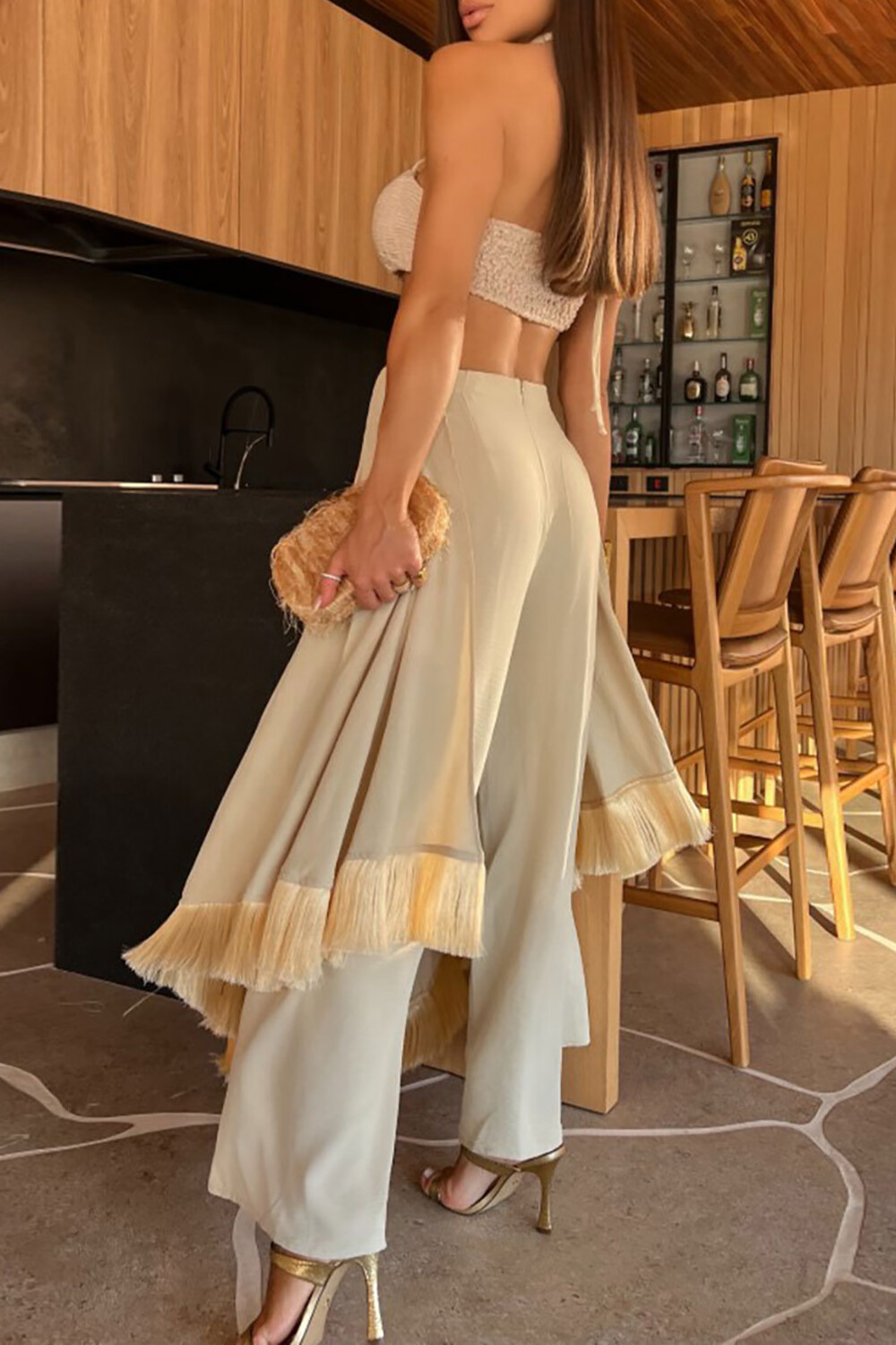 Cross Halter Crop Top Fringed Overlay Wide Leg Pants 2pcs Set-Beige
