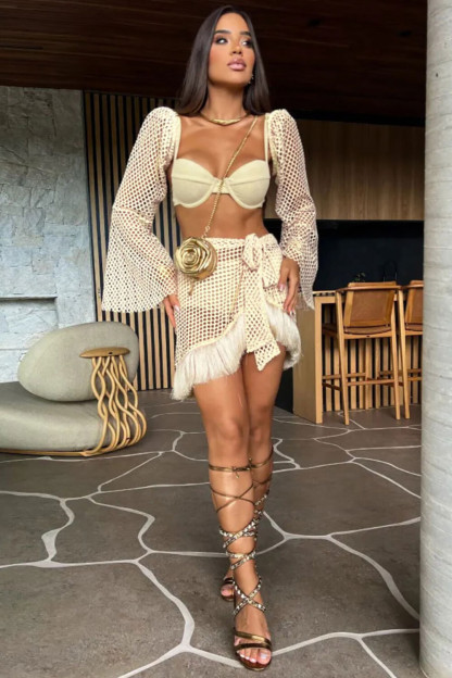 Flare Sleeve Fringed Mini Skirt Cami Bikini Swimsuit Matching Set-Beige