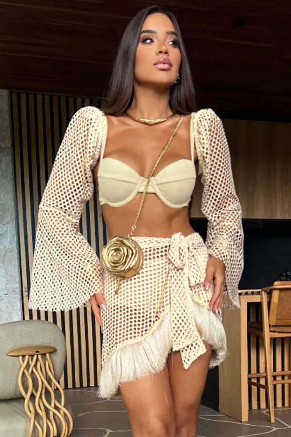 Flare Sleeve Fringed Mini Skirt Cami Bikini Swimsuit Matching Set-Beige