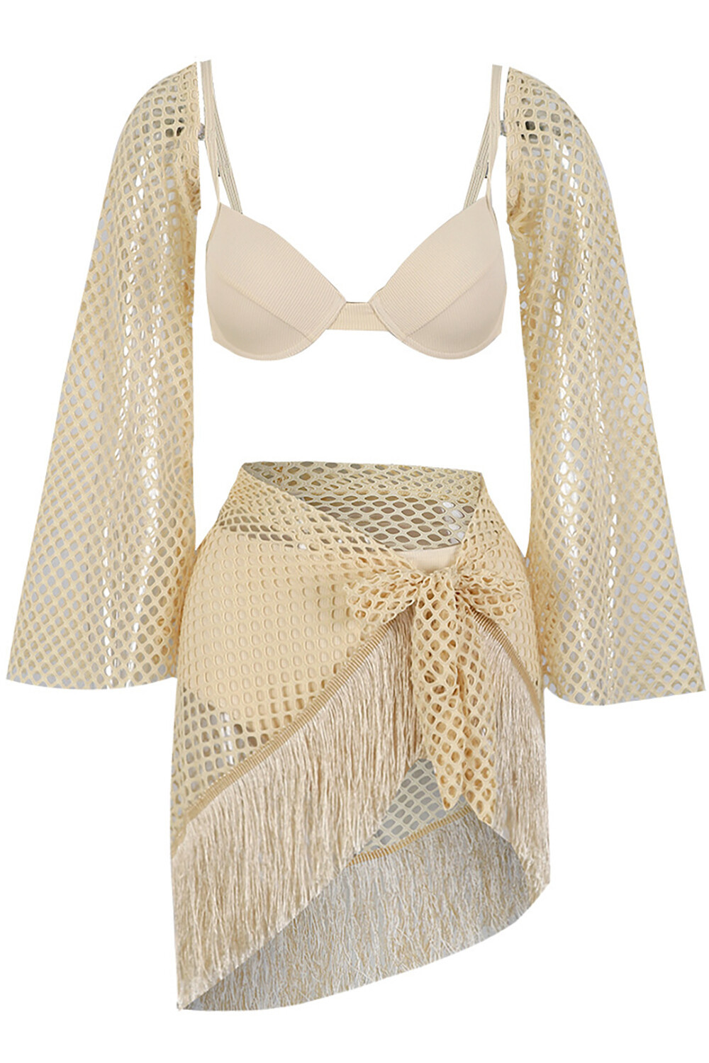 Flare Sleeve Fringed Mini Skirt Cami Bikini Swimsuit Matching Set-Beige