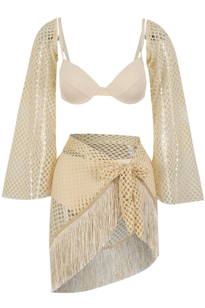 Flare Sleeve Fringed Mini Skirt Cami Bikini Swimsuit Matching Set-Beige
