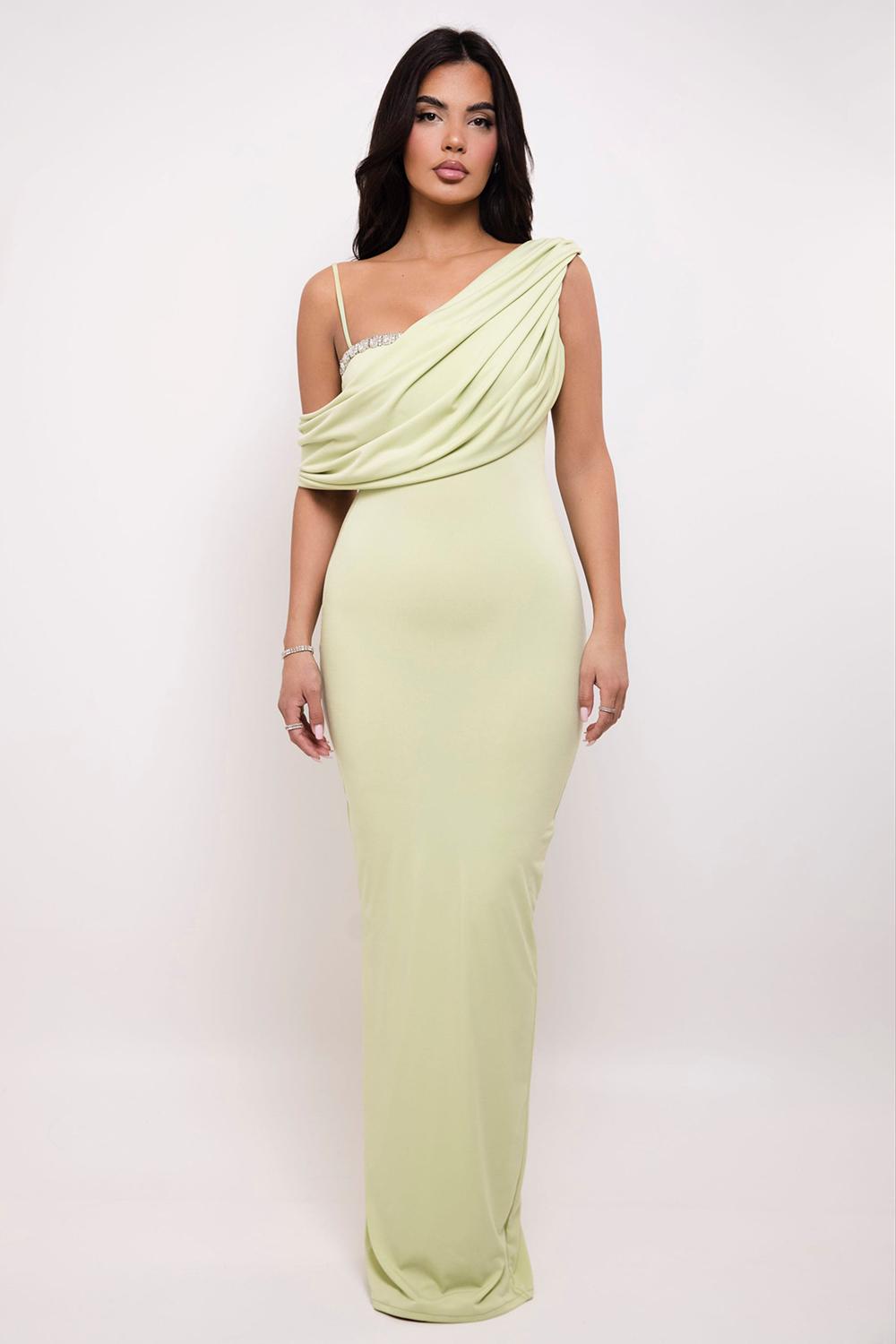 Ruched Asymmetrical Overlay Sleeveless Gowns Maxi Dresses-Green [Pre Order]