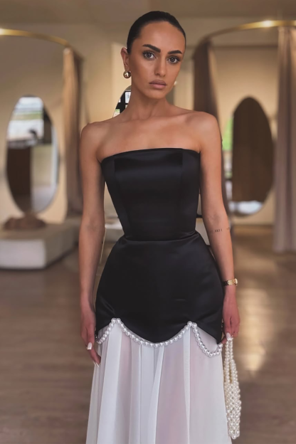 Strapless Cinch Waist Colorblock Gowns Maxi Dresses-Black [Pre Order]