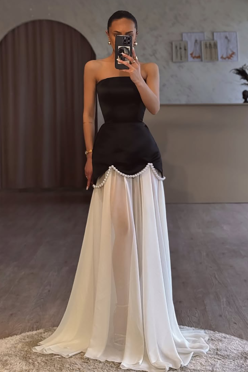 Strapless Cinch Waist Colorblock Gowns Maxi Dresses-Black [Pre Order]
