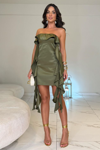 Strapless Ruffled Streamer Bodycon Plain Mini Dresses-Green [Pre Order]