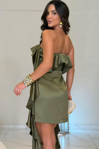 Strapless Ruffled Streamer Bodycon Plain Mini Dresses-Green [Pre Order]