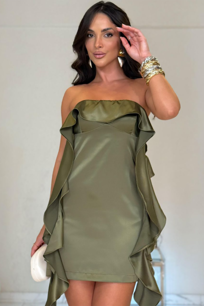Strapless Ruffled Streamer Bodycon Plain Mini Dresses-Green [Pre Order]