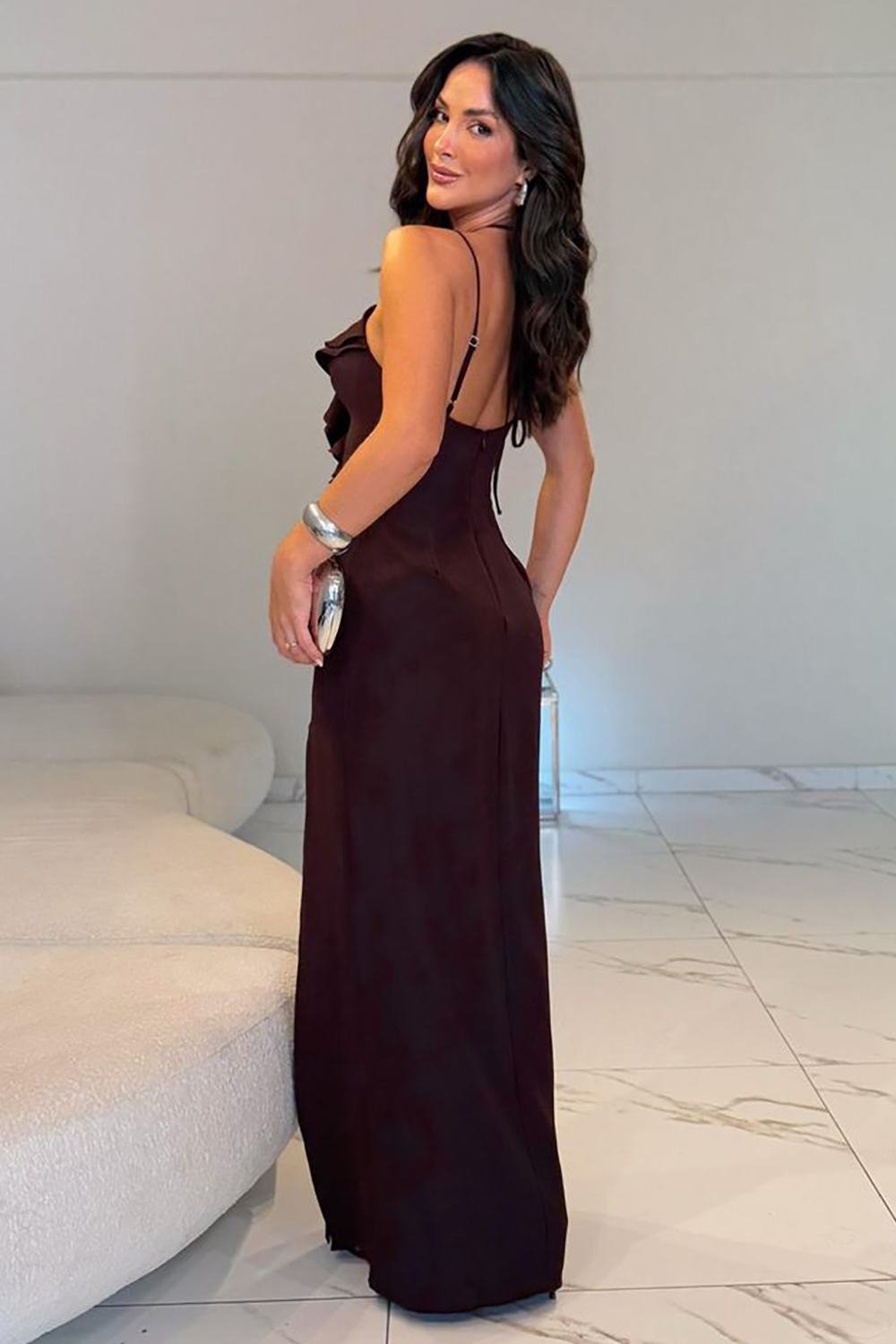 Sleeveless Lace Up Ruffled Slim Fit Slit Gowns Maxi Dresses-Brown [Pre Order]