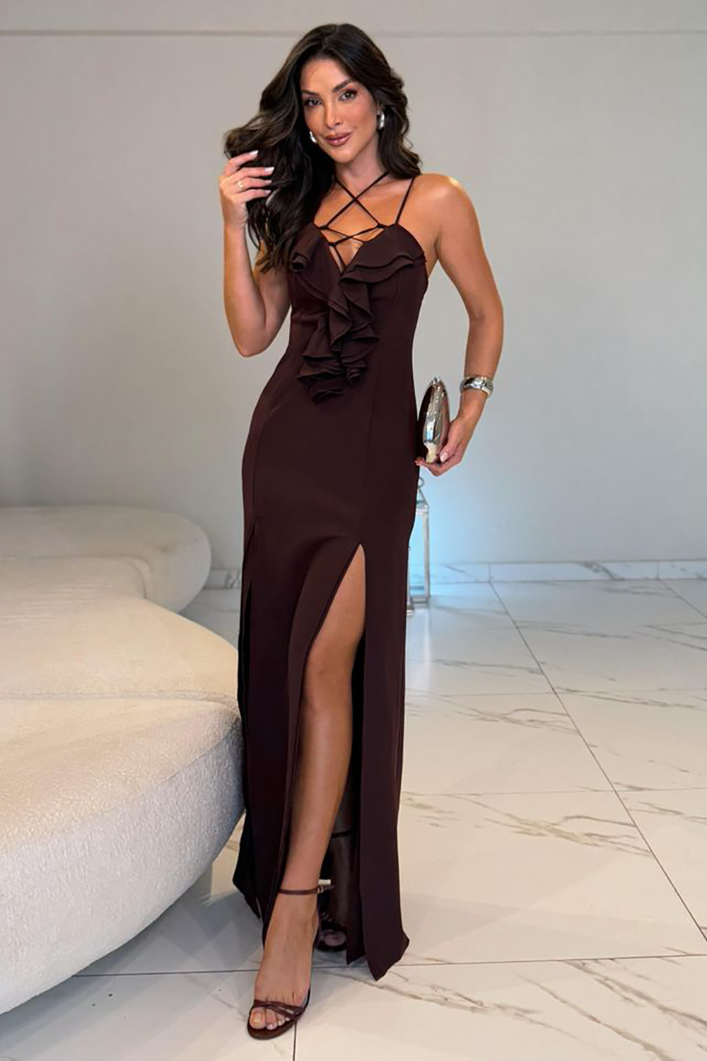 Sleeveless Lace Up Ruffled Slim Fit Slit Gowns Maxi Dresses-Brown [Pre Order]