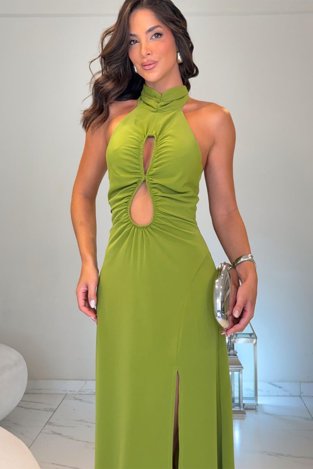 High Neck Sleeveless Ruched Cutout Slit Midi Dresses-Green [Pre Order]