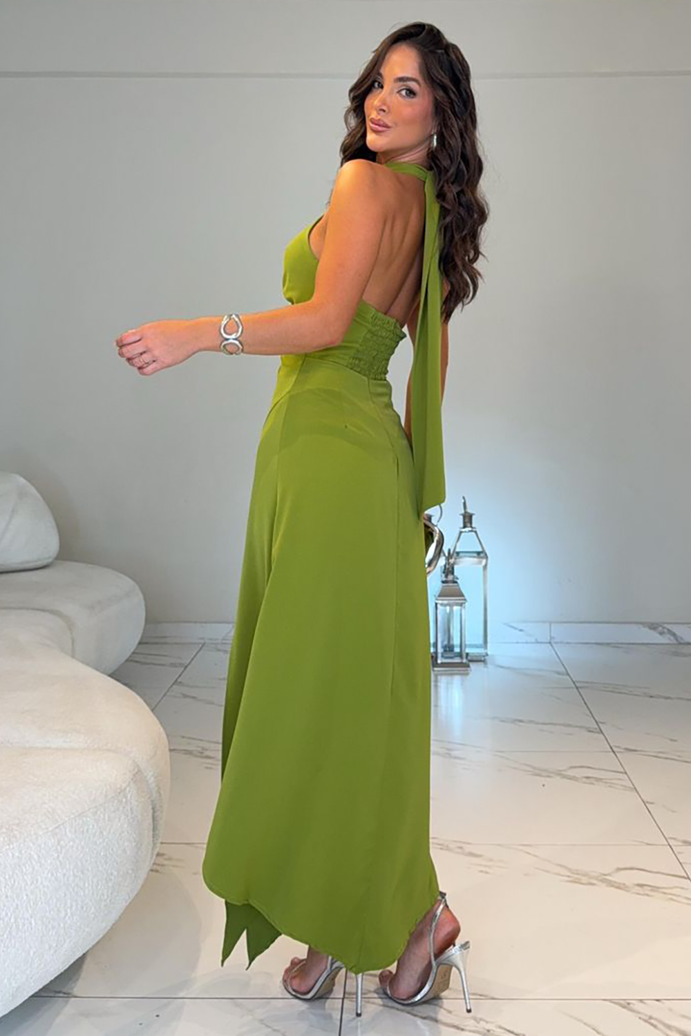 High Neck Sleeveless Ruched Cutout Slit Midi Dresses-Green [Pre Order]