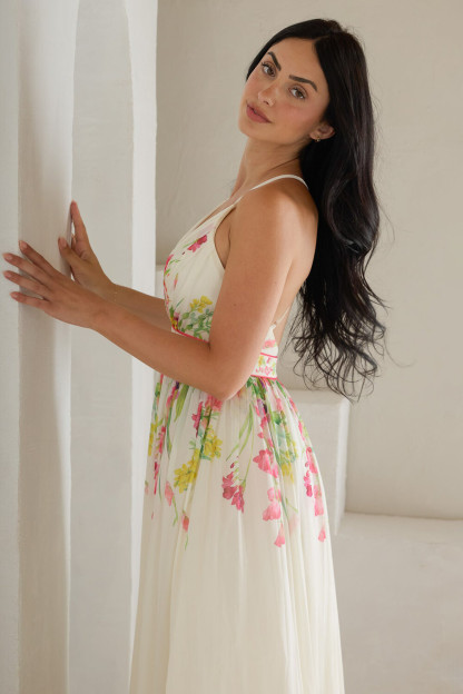 Floral Print Deep V Neck Cinch Waist Strappy Maxi Dresses-White [Pre Order]