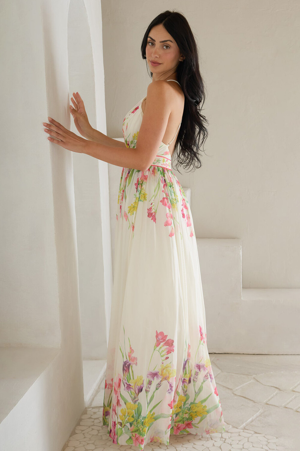 Floral Print Deep V Neck Cinch Waist Strappy Maxi Dresses-White [Pre Order]