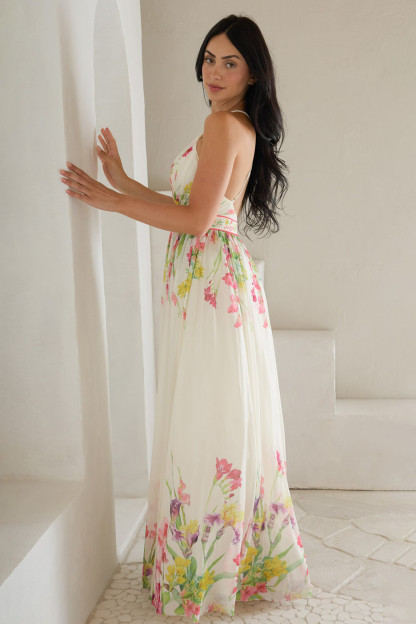 Floral Print Deep V Neck Cinch Waist Strappy Maxi Dresses-White [Pre Order]