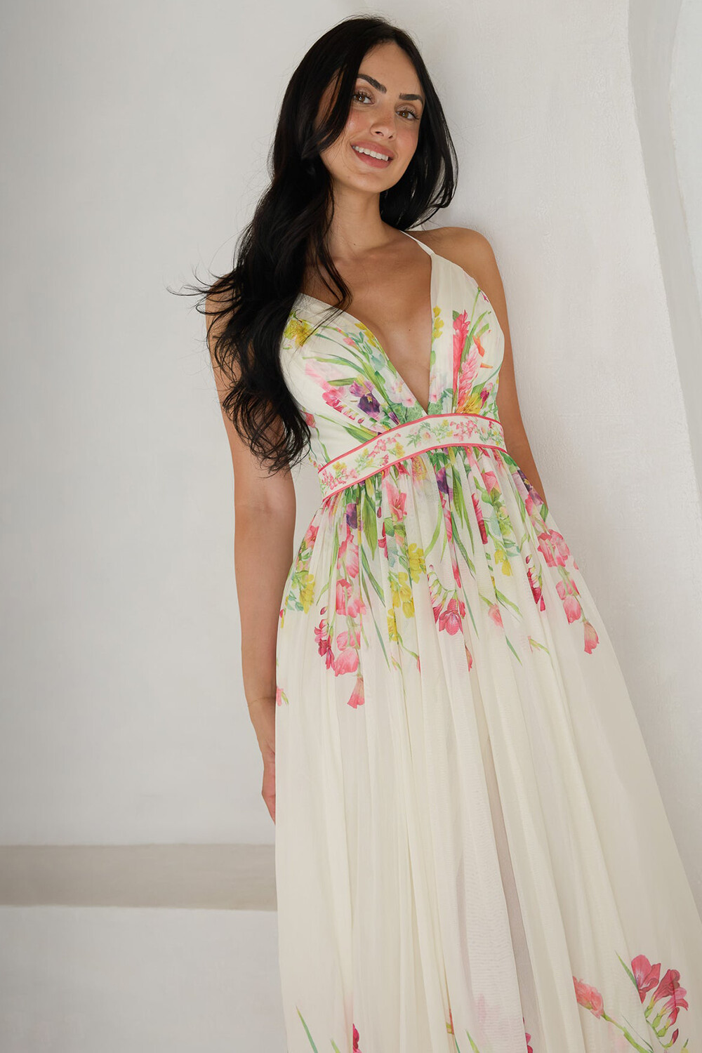 Floral Print Deep V Neck Cinch Waist Strappy Maxi Dresses-White [Pre Order]