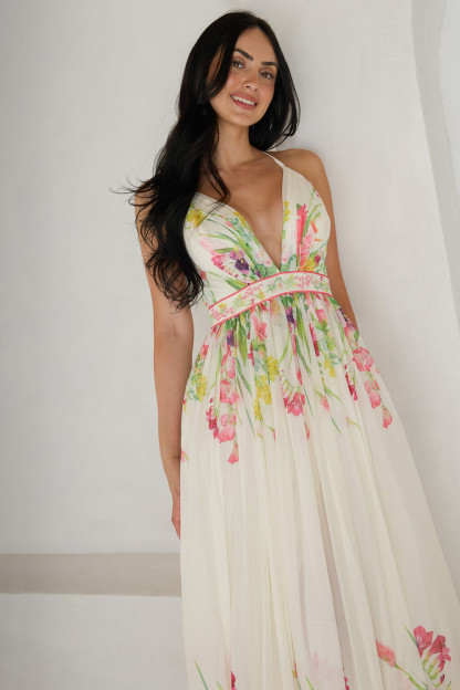 Floral Print Deep V Neck Cinch Waist Strappy Maxi Dresses-White [Pre Order]