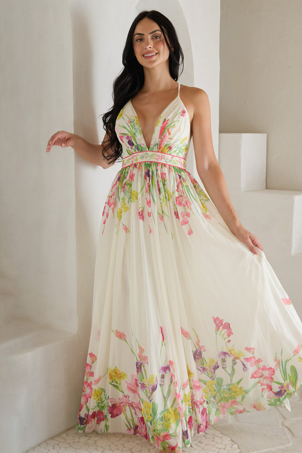 Floral Print Deep V Neck Cinch Waist Strappy Maxi Dresses-White [Pre Order]