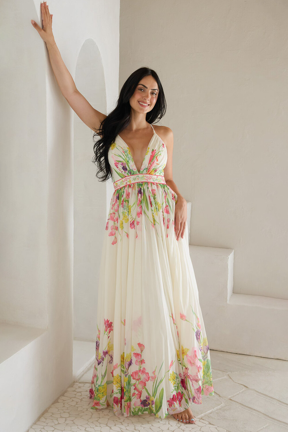 Floral Print Deep V Neck Cinch Waist Strappy Maxi Dresses-White [Pre Order]