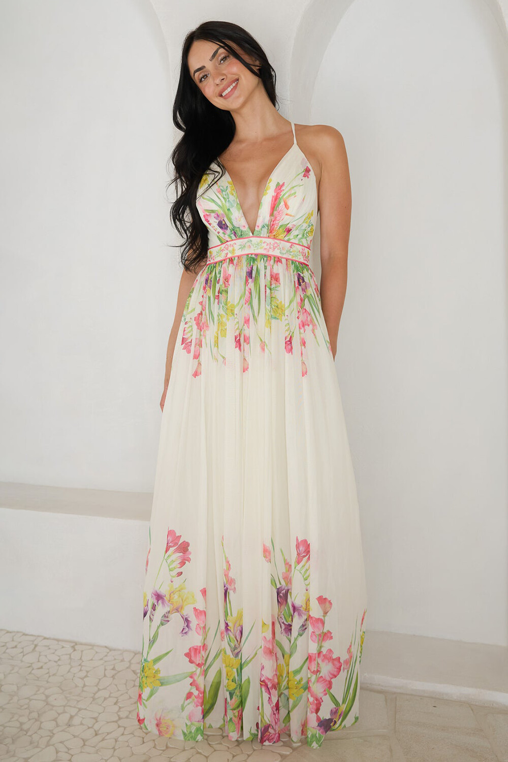 Floral Print Deep V Neck Cinch Waist Strappy Maxi Dresses-White [Pre O