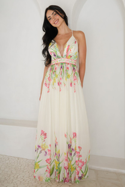 Floral Print Deep V Neck Cinch Waist Strappy Maxi Dresses-White [Pre Order]