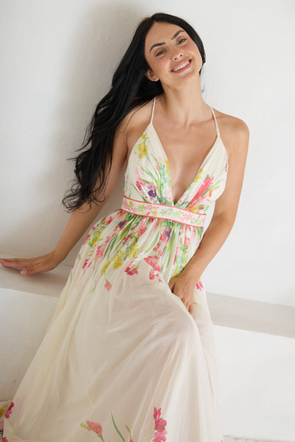 Floral Print Deep V Neck Cinch Waist Strappy Maxi Dresses-White [Pre Order]