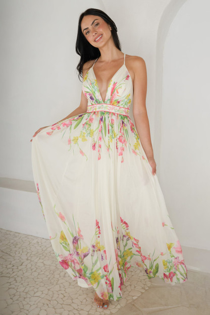 Floral Print Deep V Neck Cinch Waist Strappy Maxi Dresses-White [Pre Order]