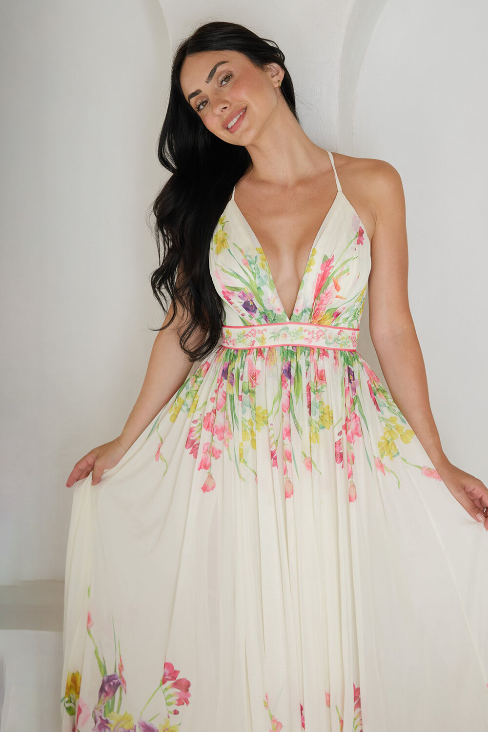 Floral Print Deep V Neck Cinch Waist Strappy Maxi Dresses-White [Pre Order]