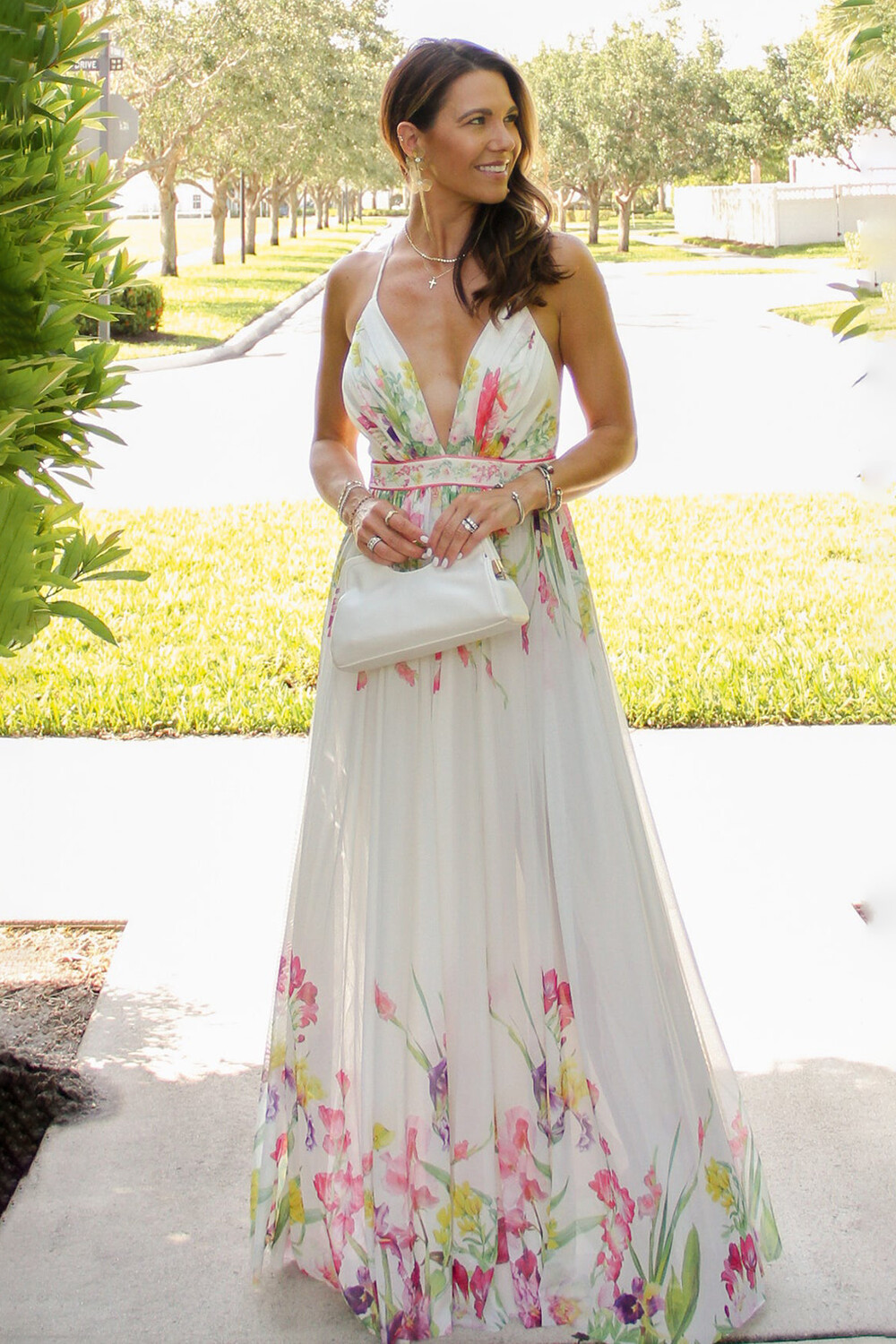 Floral Print Deep V Neck Cinch Waist Strappy Maxi Dresses-White [Pre Order]