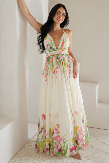 Floral Print Deep V Neck Cinch Waist Strappy Maxi Dresses-White [Pre Order]