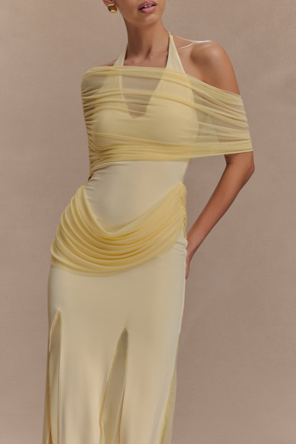 Ruched Mesh Patchwork Slim Fit Halter Maxi Dresses-Yellow [Pre Order]