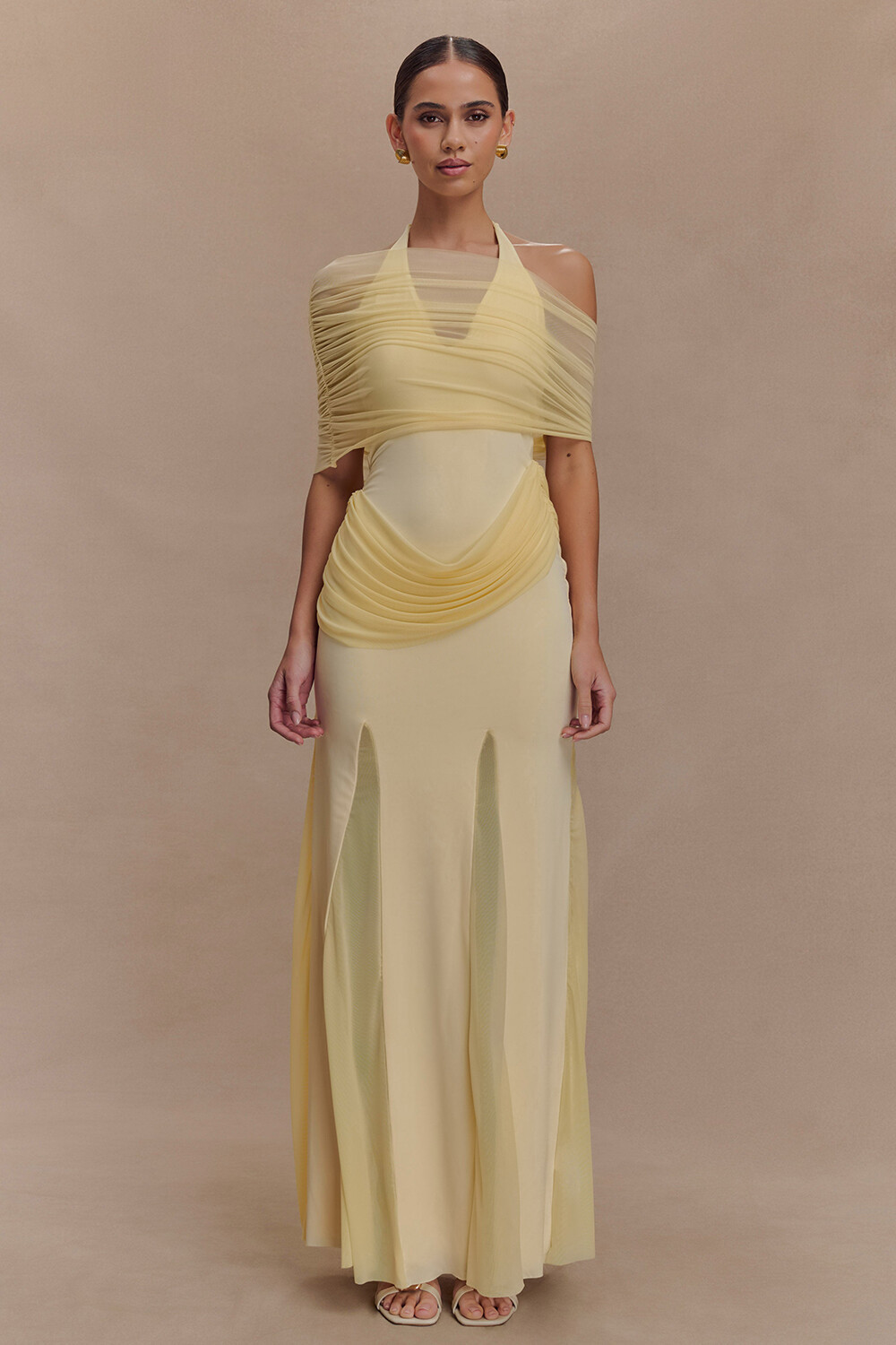 Ruched Mesh Patchwork Slim Fit Halter Maxi Dresses-Yellow [Pre Order]