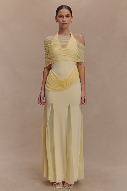 Ruched Mesh Patchwork Slim Fit Halter Maxi Dresses-Yellow [Pre Order]