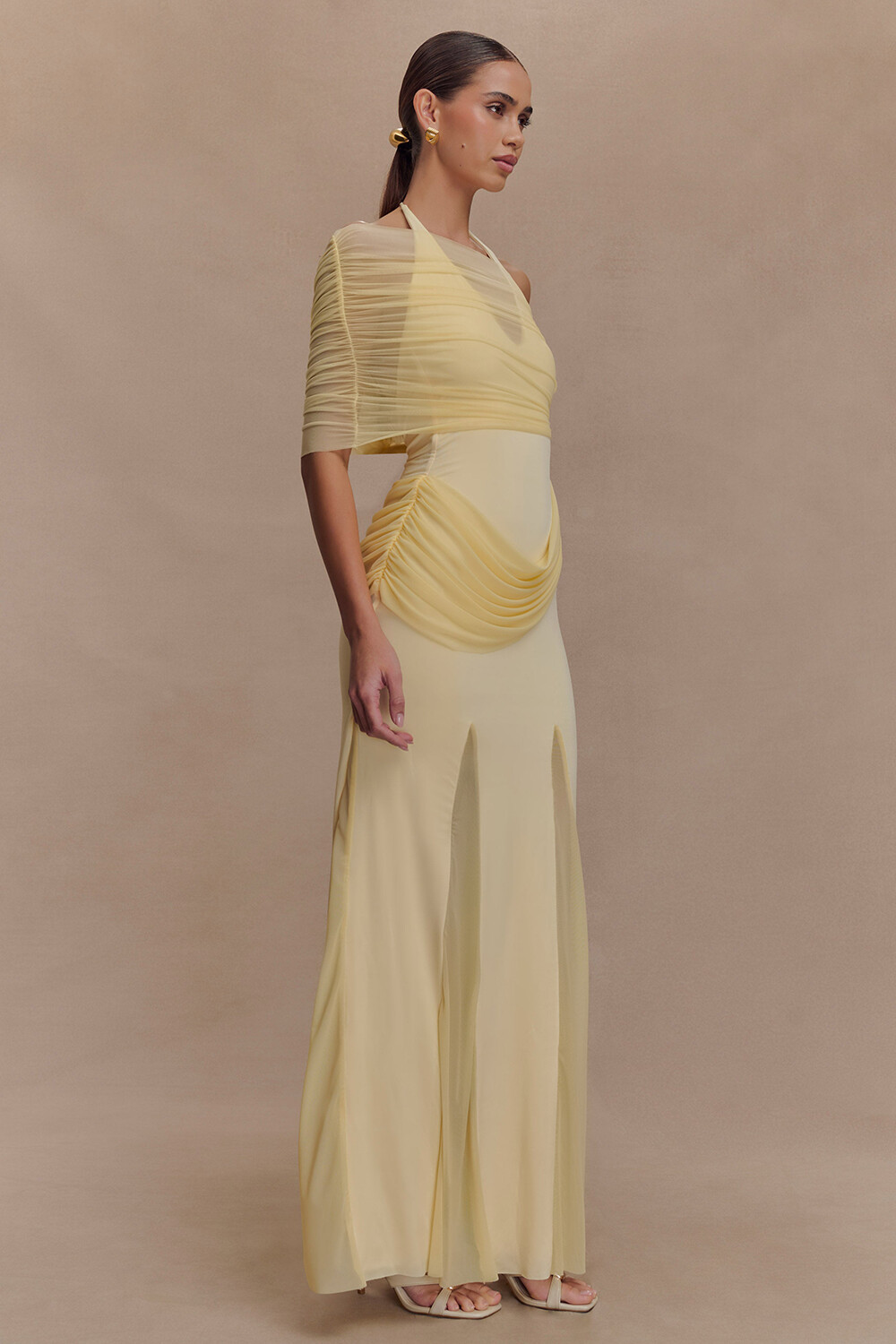 Ruched Mesh Patchwork Slim Fit Halter Maxi Dresses-Yellow [Pre Order]